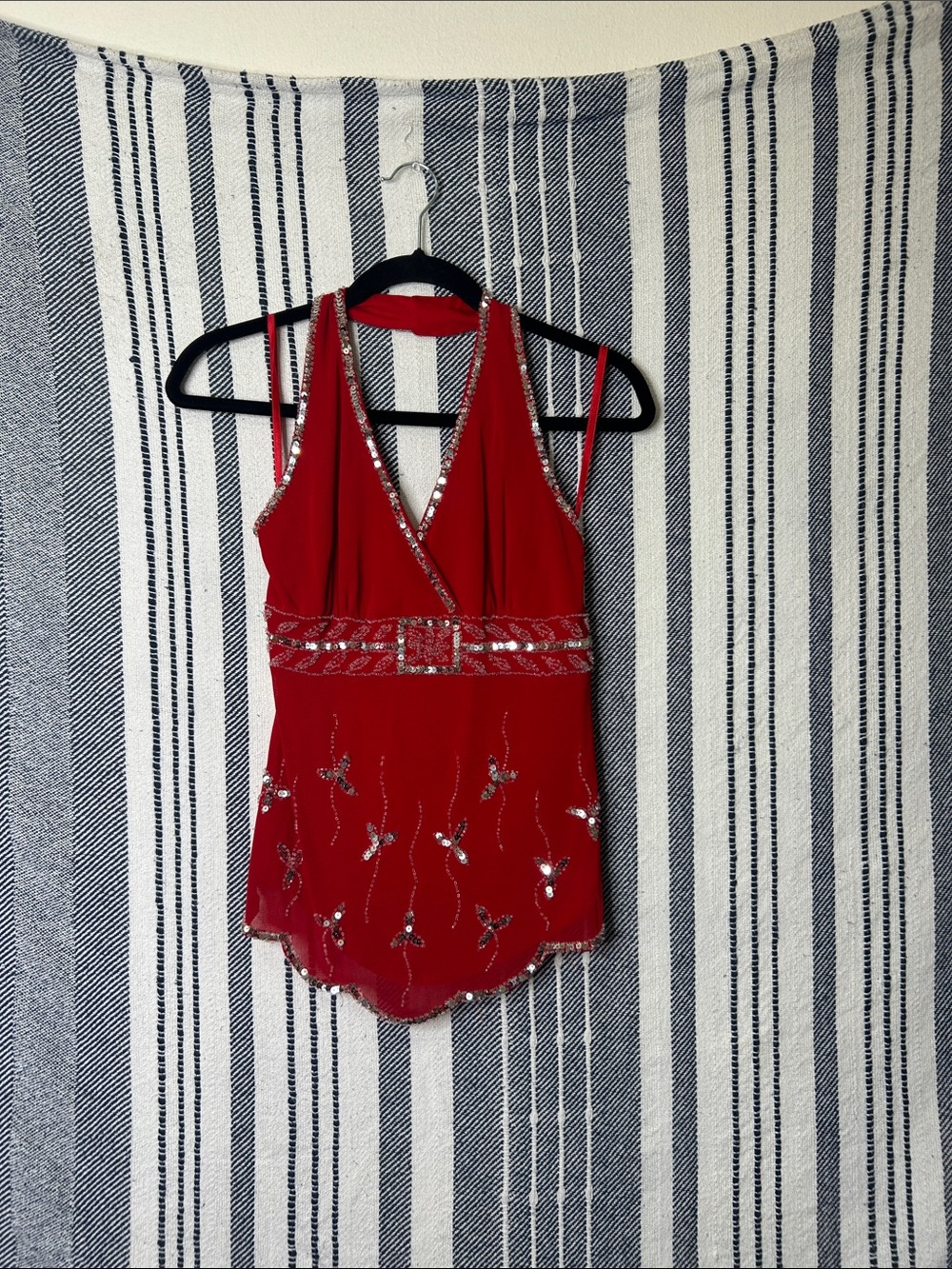 Vintage Y2K Lipstick Red Rhinestone Sequin Halter Top | 90s 2000s Glam Dancewear